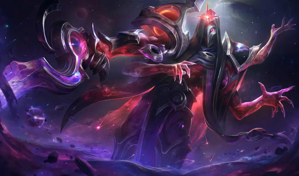 Skin do League of Legends (LoL) Jhin Erradicação do Cosmos Negro.