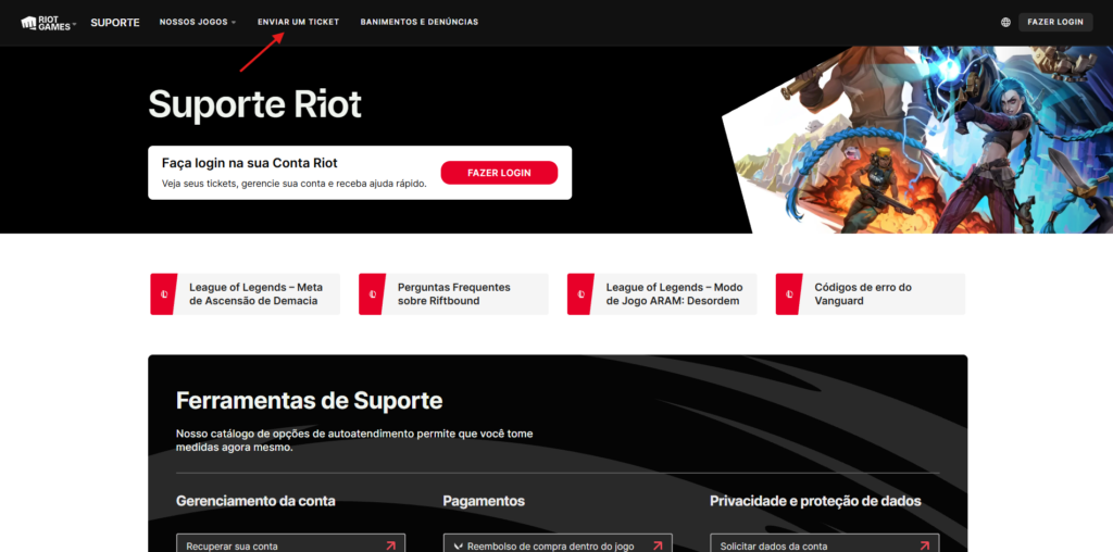 Como fazer um ticket no LoL? 3 Página de Suporte ao Jogador do League of Legends (LoL).