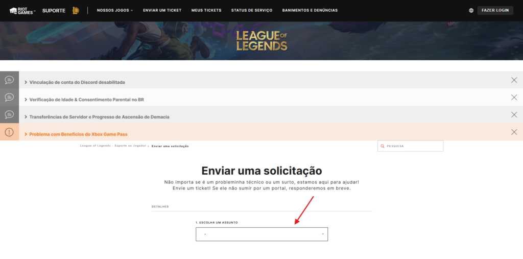 Como fazer um ticket no LoL? 5 Página de ticket do League of Legends (LoL).