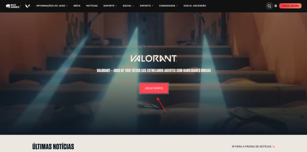 Página oficial do VALORANT no navegador.