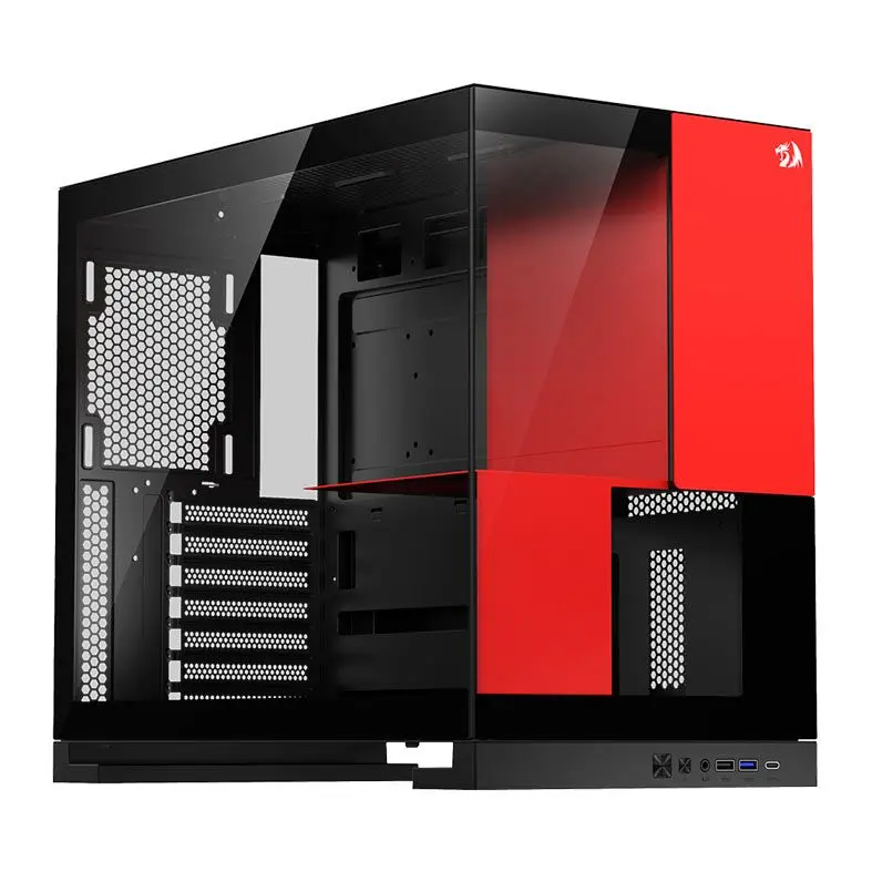 Gabinete aquário preto estilizado com detalhes em vermelho e lateral de vidro para mostrar os componentes internos.