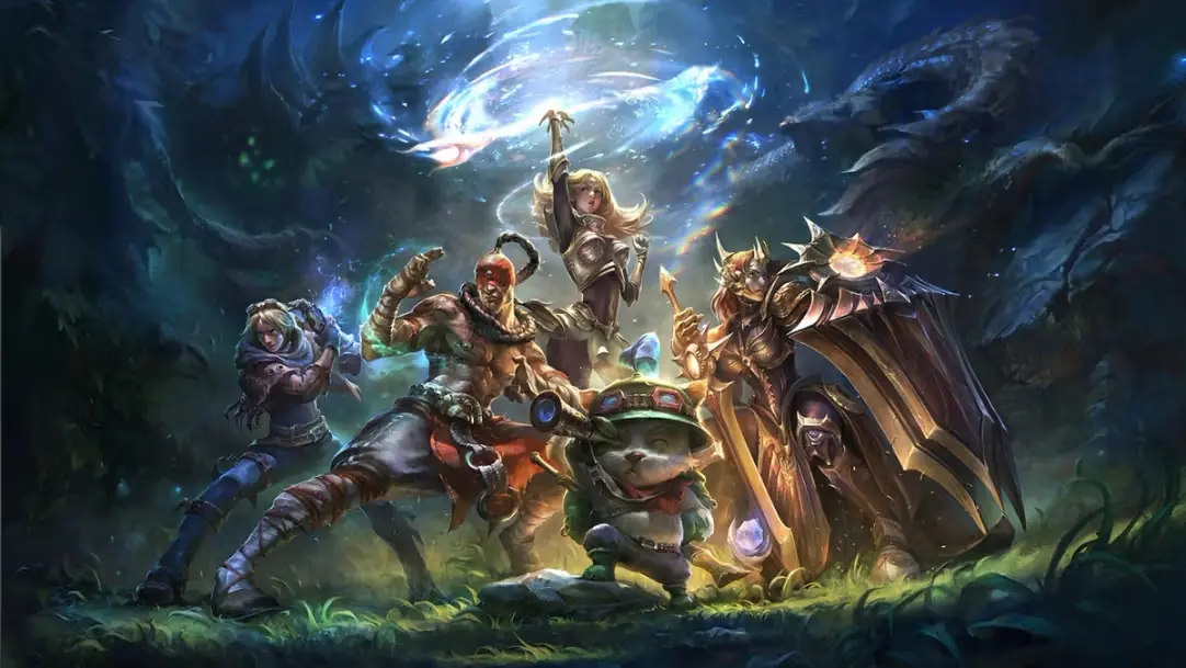 Alguns personagens de LOL enfileirados batalhando.