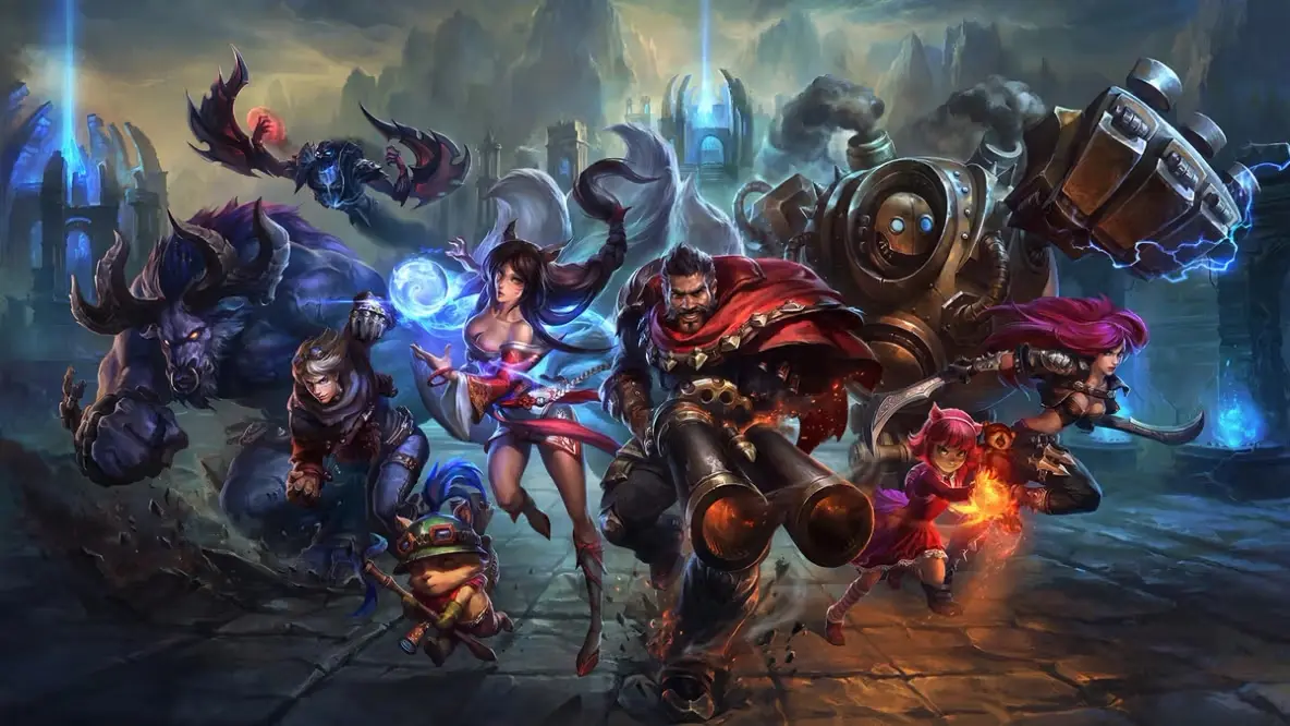 Campeões de LOL lado a lado mostrando seus poderes e habilidades em batalha.