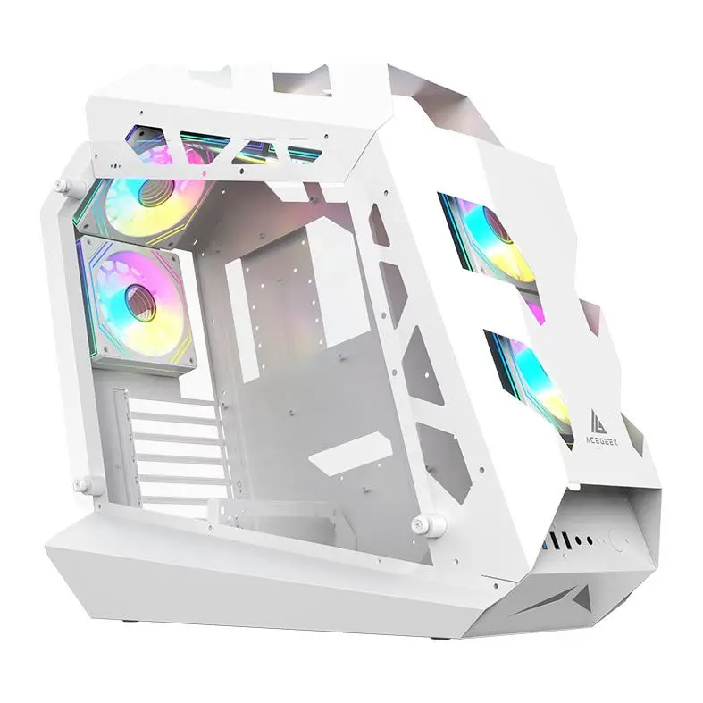 Gabinete aquário branco estilizado com formato e luzes RGB.