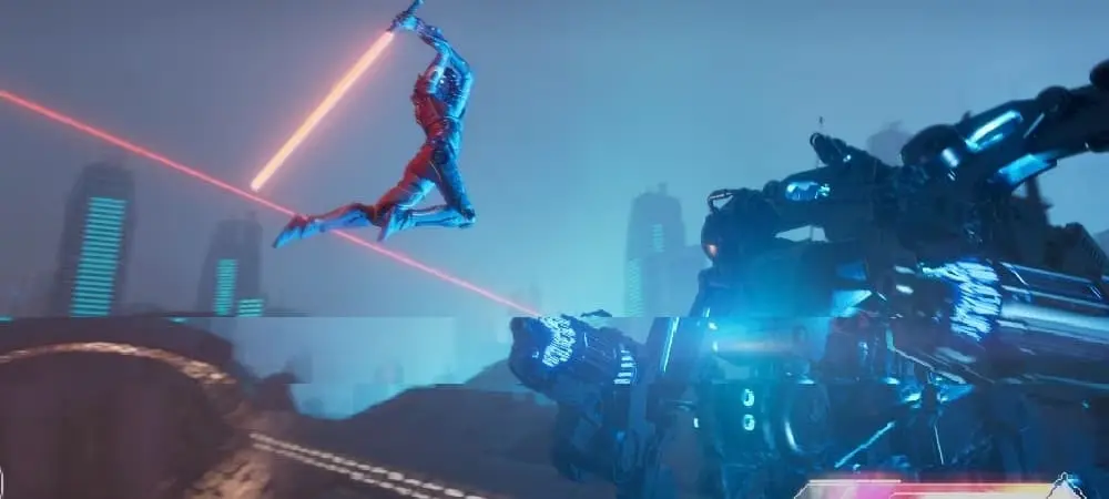 Monitor de PC gamer com imagem de jogo modernista cheio de luzes azuis e um personagem com sabre de luz indo em direção a um robô.
