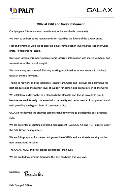 Palit confirma que GALAX e KFA2 já trabalham em GPUs de próxima geração 3 Palit confirma que GALAX e KFA2 já trabalham em GPUs de próxima geração Palit comunicado.png