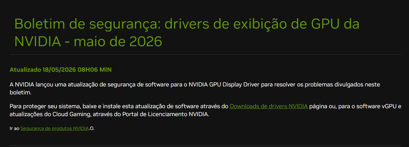 NVIDIA alerta usuários para atualizarem drivers de GPU nvidia boletim.png