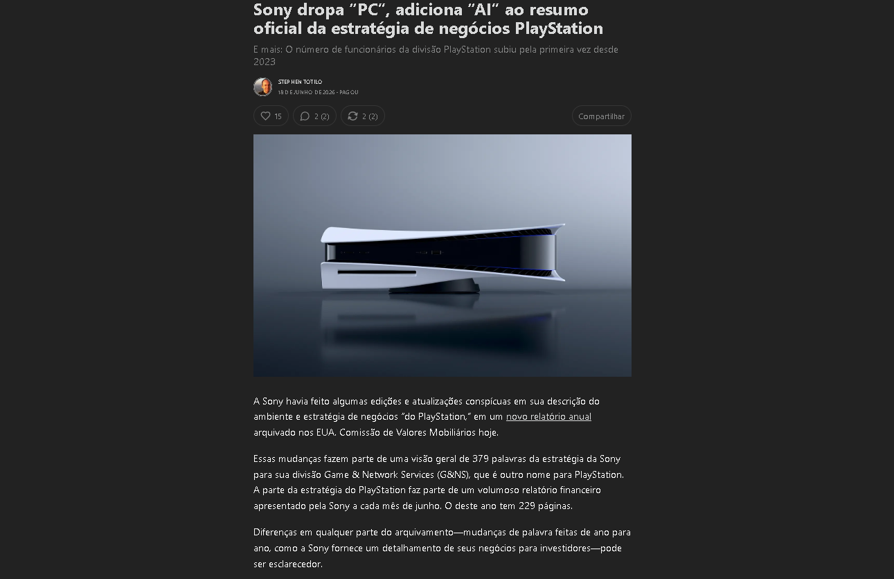 Sony altera foco de relatórios, remove menções ao PC na estratégia do PlayStation e aposta em Inteligência Artificial 2 Sony altera foco de relatórios, remove menções ao PC na estratégia do PlayStation e aposta em Inteligência Artificial Sony GF.png