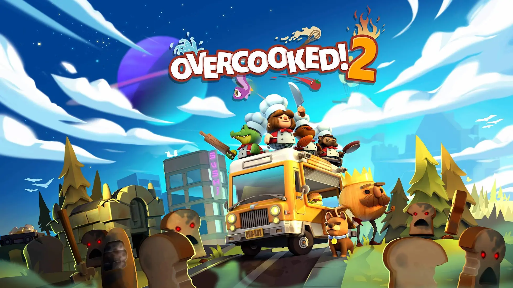 Pôster promocional do jogo Overcooked! 2, mostrando uma pequena area com os personagens em um ônibus.