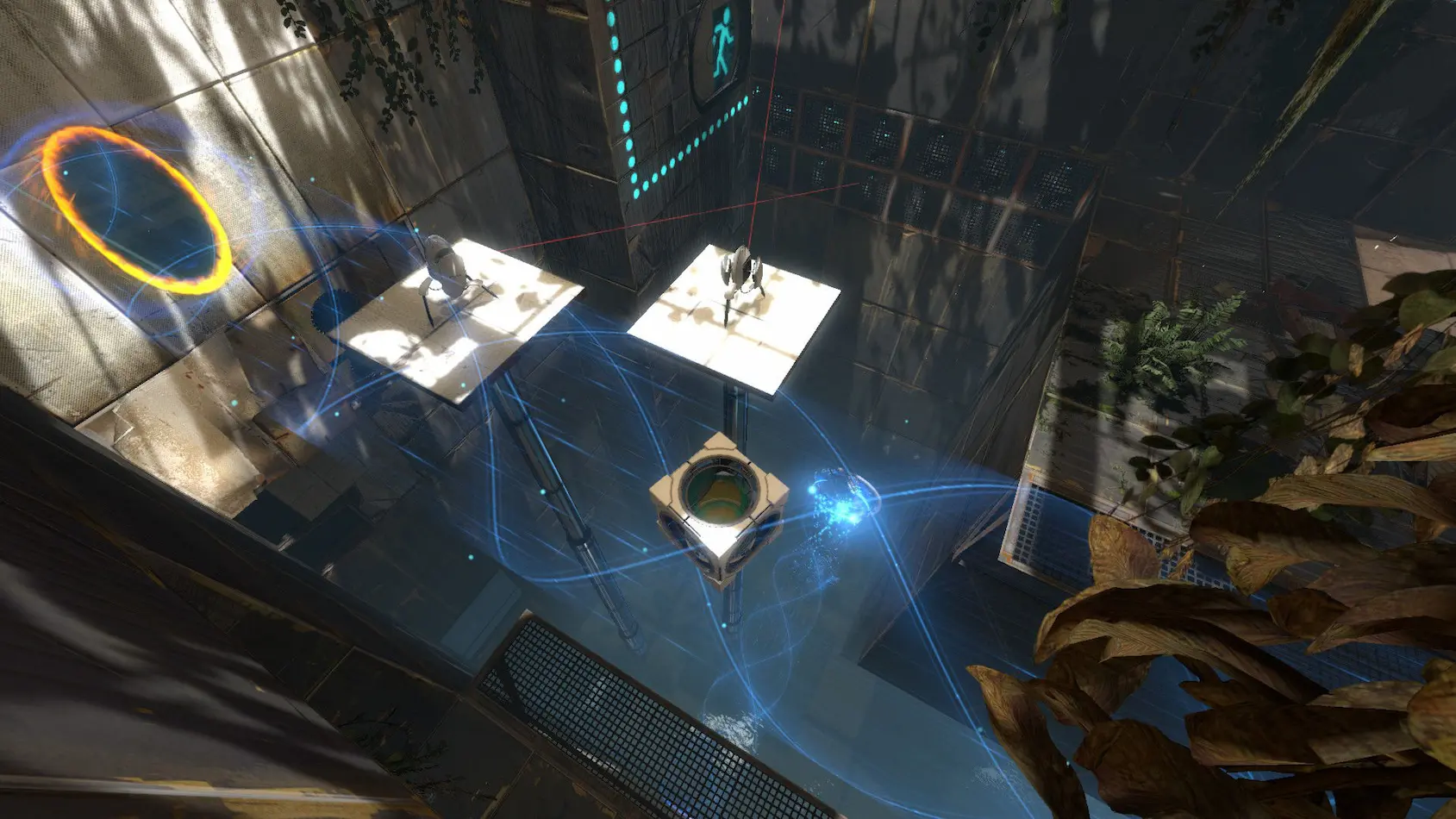 Mapa do jogo Portal 2 mostrando algumas plataformas e seus personagens tentando cruzar o desafio.