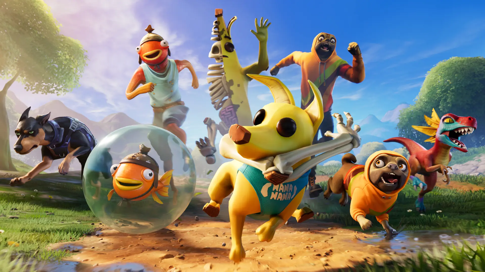 Diversos personagens do jogo, correndo lado a lado em direção a tela.