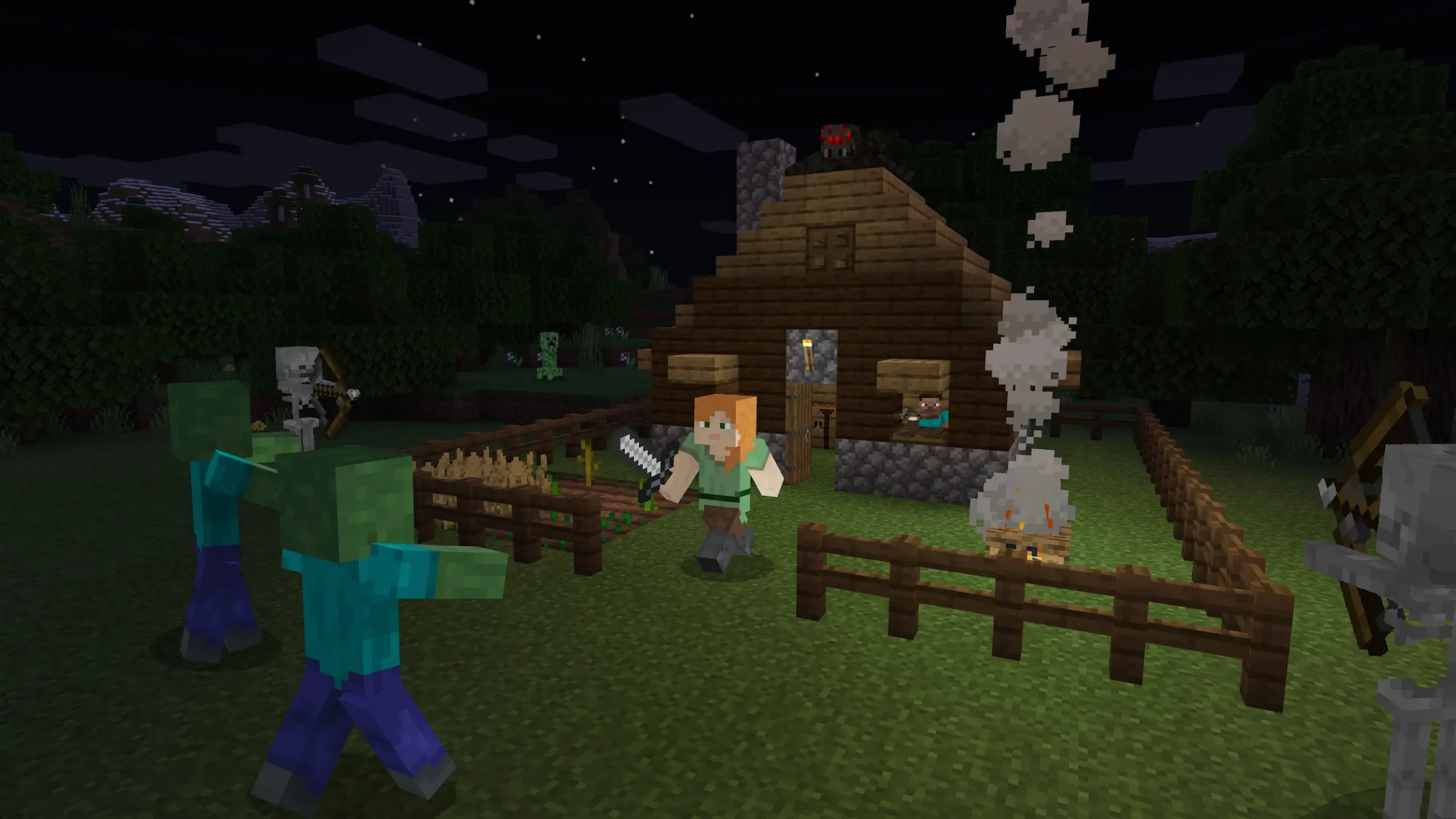 Personagem Alex de Minecraft, sendo atacado por zumbis na area externa de sua casa.
